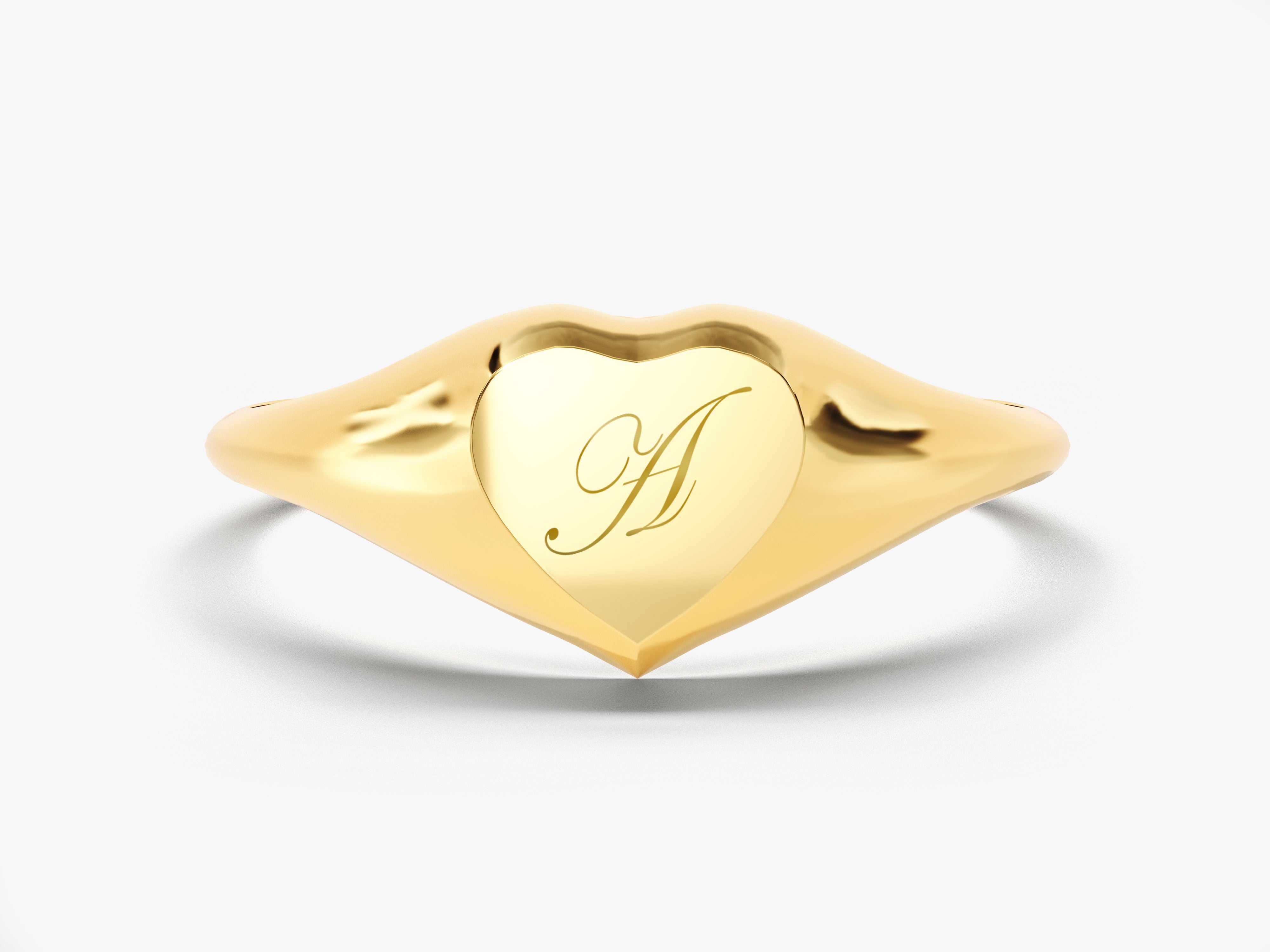 Gold heart signet ring with engraved initial 'A'