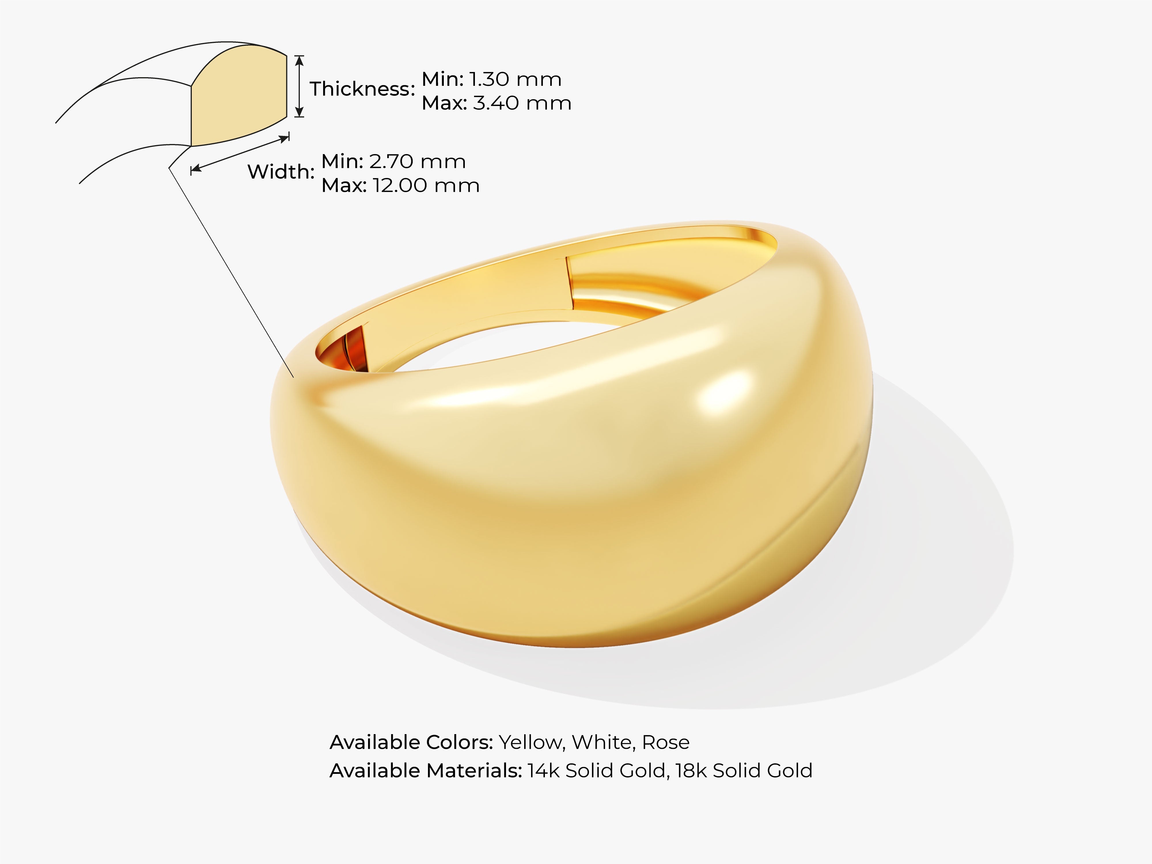Gold dome ring with thickness and width dimensions