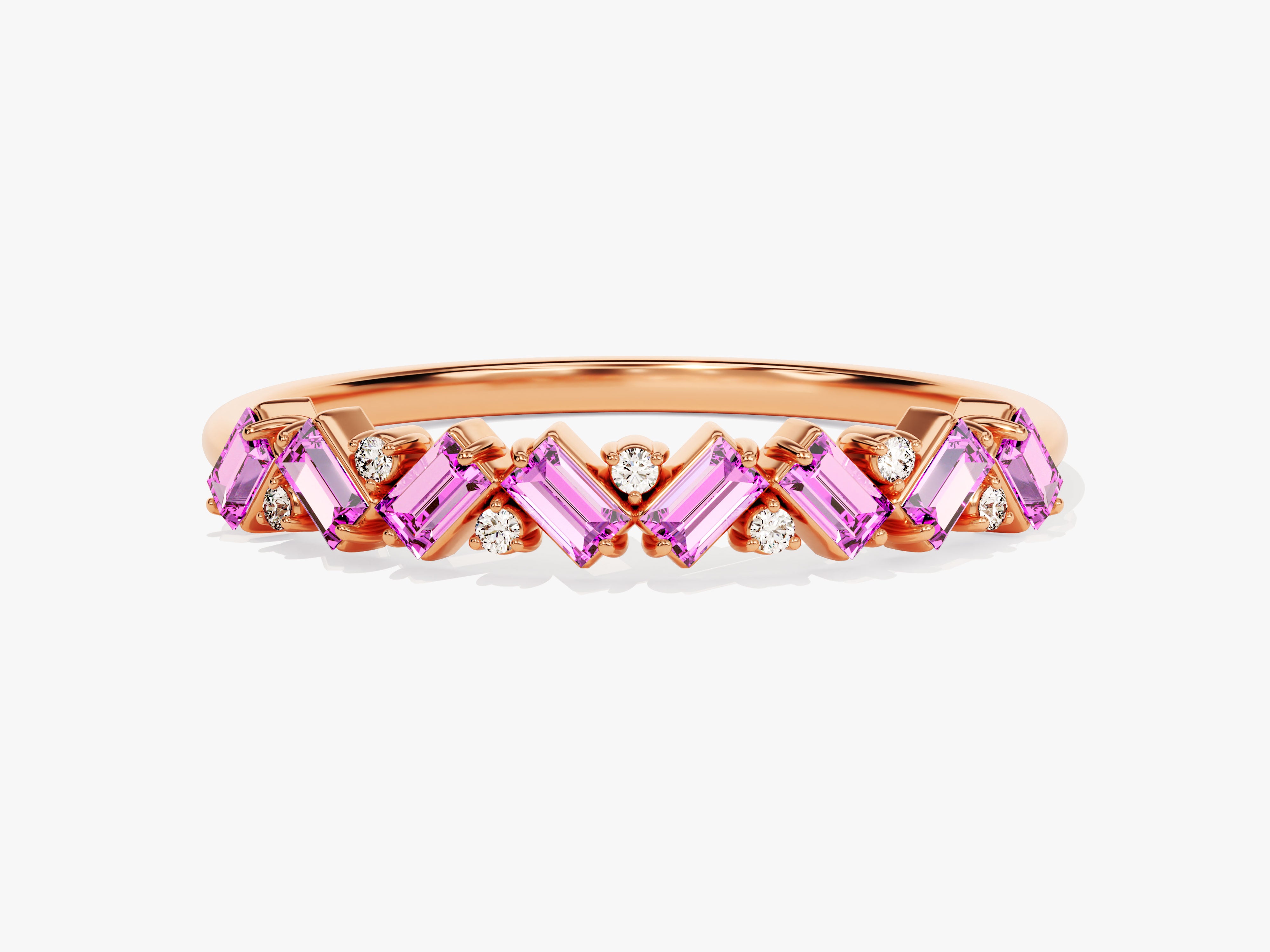 Baguette and Round Cut Pink Tourmaline Ring in 14K Solid Gold