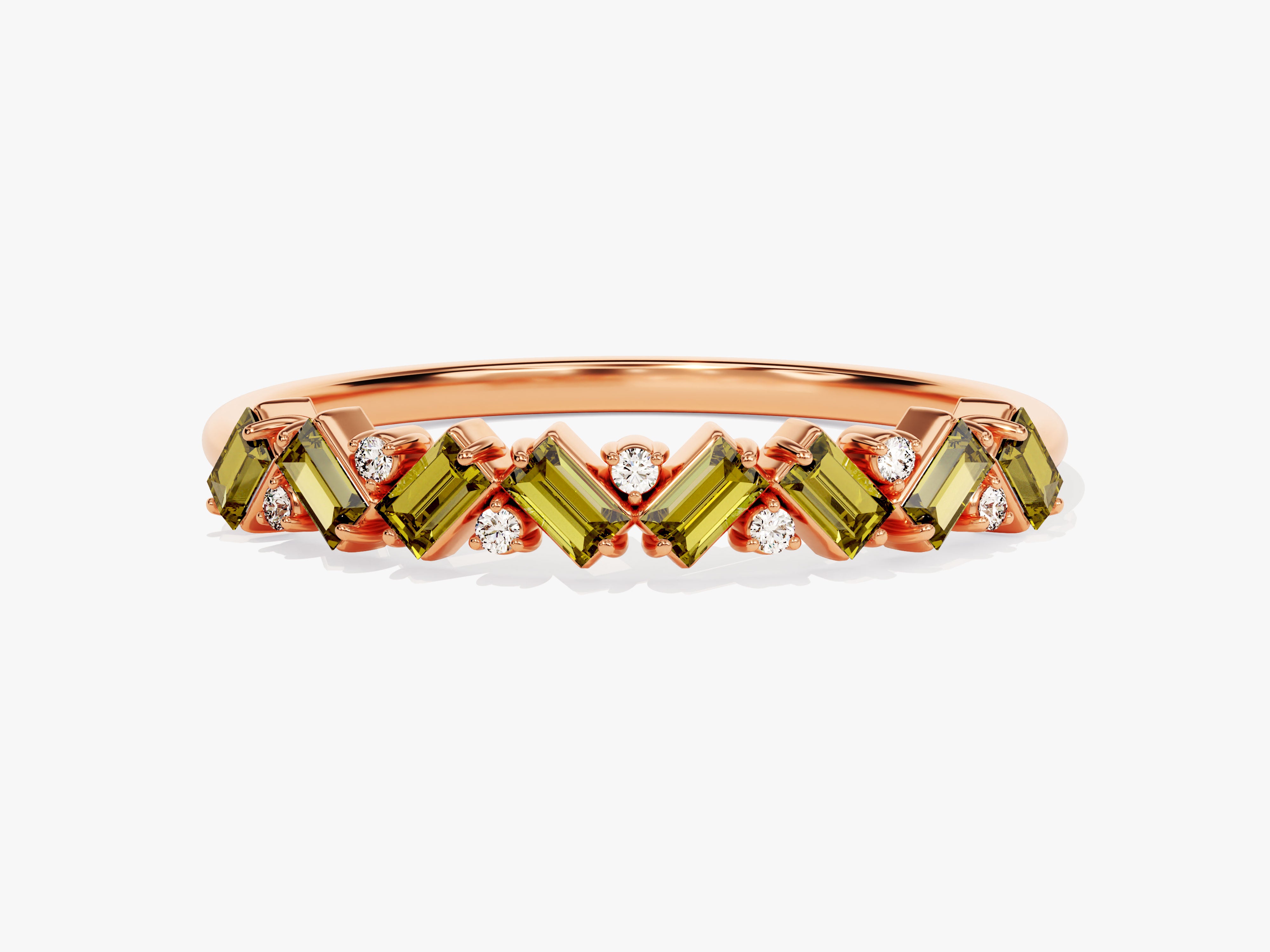 Baguette and Round Cut Peridot Ring in 14K Solid Gold