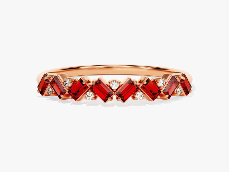 Baguette and Round Cut Garnet Ring in 14K Solid Gold