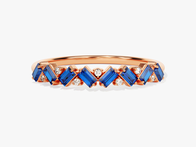 Baguette and Round Cut Sapphire Ring in 14K Solid Gold