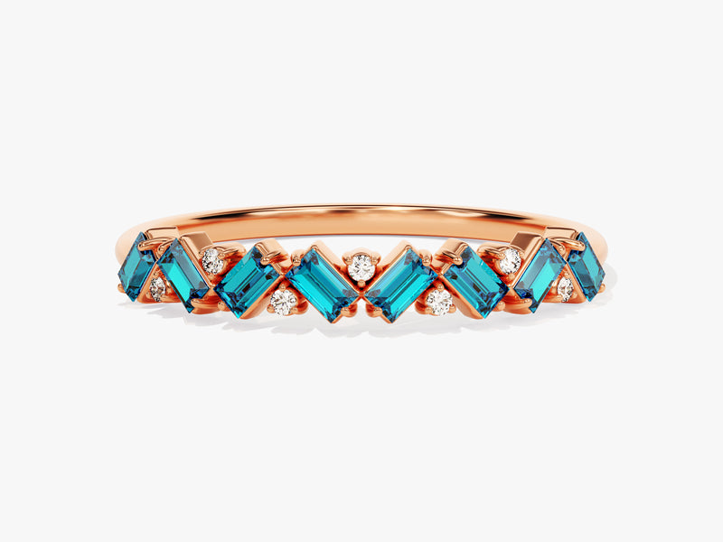 Baguette and Round Cut Blue Topaz Ring in 14K Solid Gold