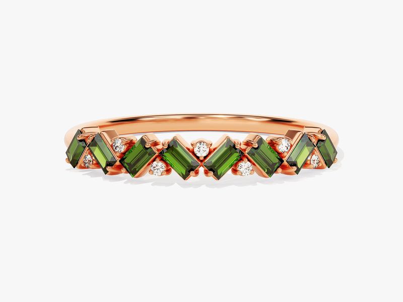 Baguette and Round Cut Emerald Ring in 14K Solid Gold