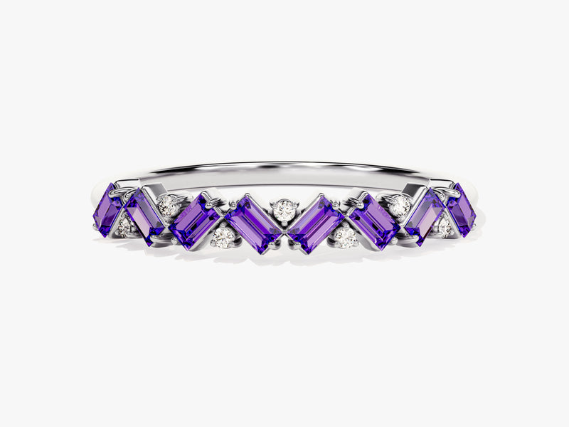 Baguette and Round Cut Amethyst Ring in 14K Solid Gold