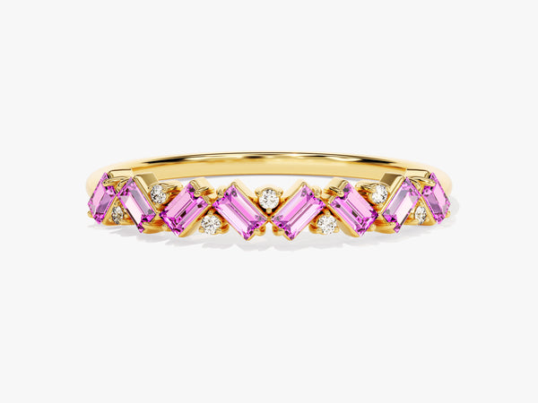 Baguette and Round Cut Pink Tourmaline Ring in 14K Solid Gold