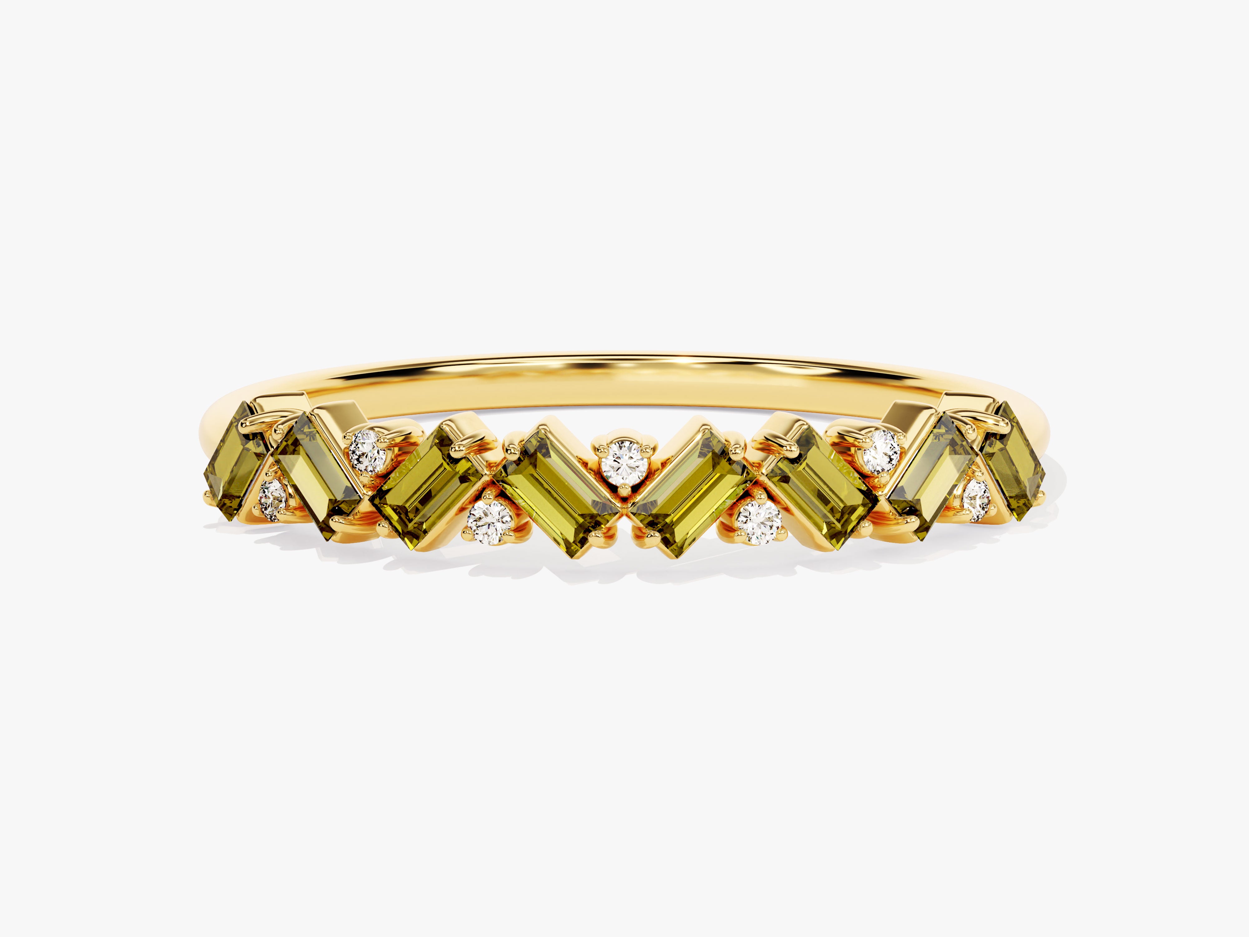 Baguette and Round Cut Peridot Ring in 14K Solid Gold