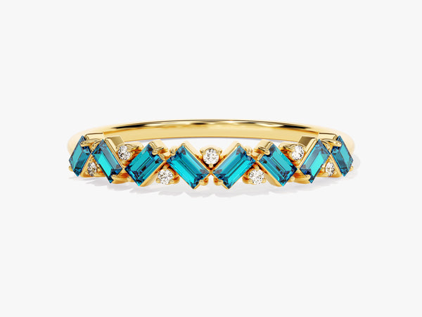 Baguette and Round Cut Blue Topaz Ring in 14K Solid Gold