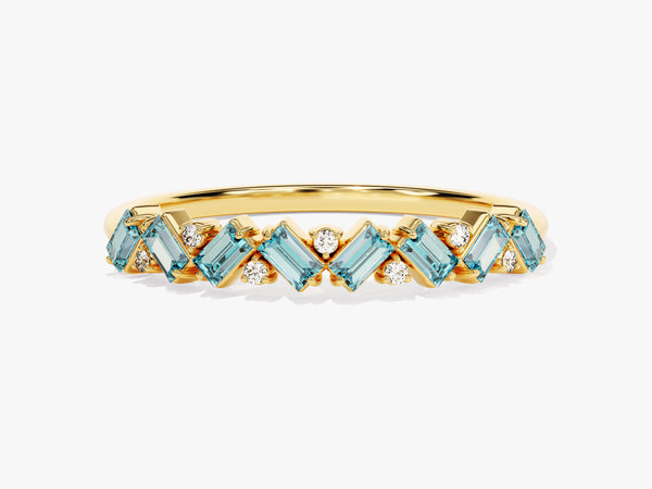 Baguette and Round Cut Aquamarine Ring in 14K Solid Gold