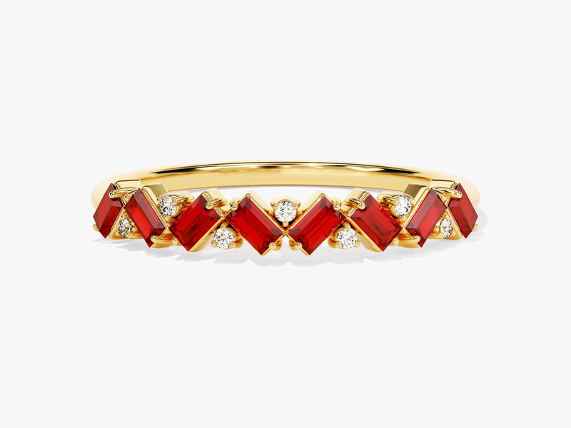 Baguette and Round Cut Ruby Ring in 14K Solid Gold