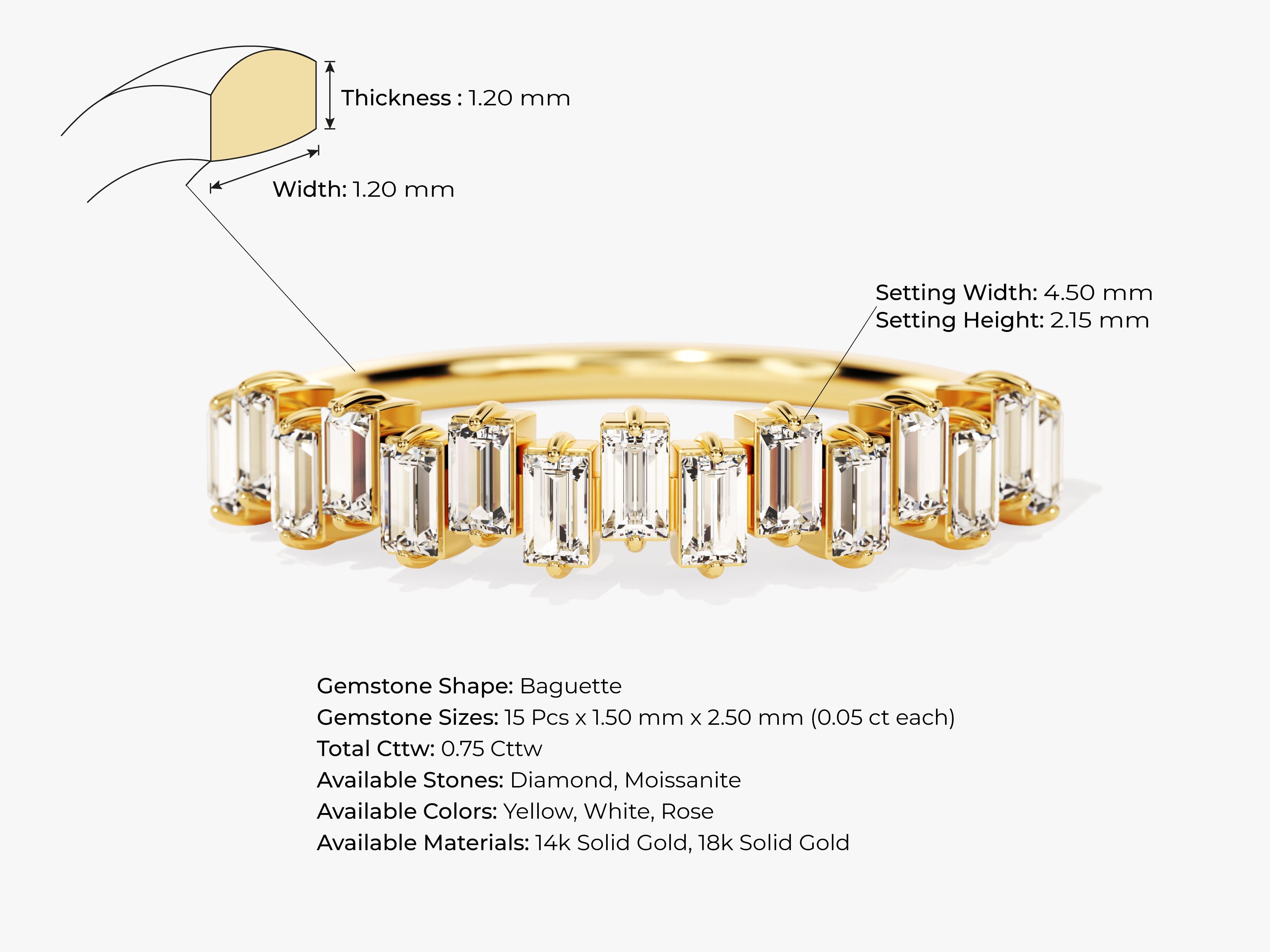 Baguette diamond ring in yellow gold with detailed dimensions