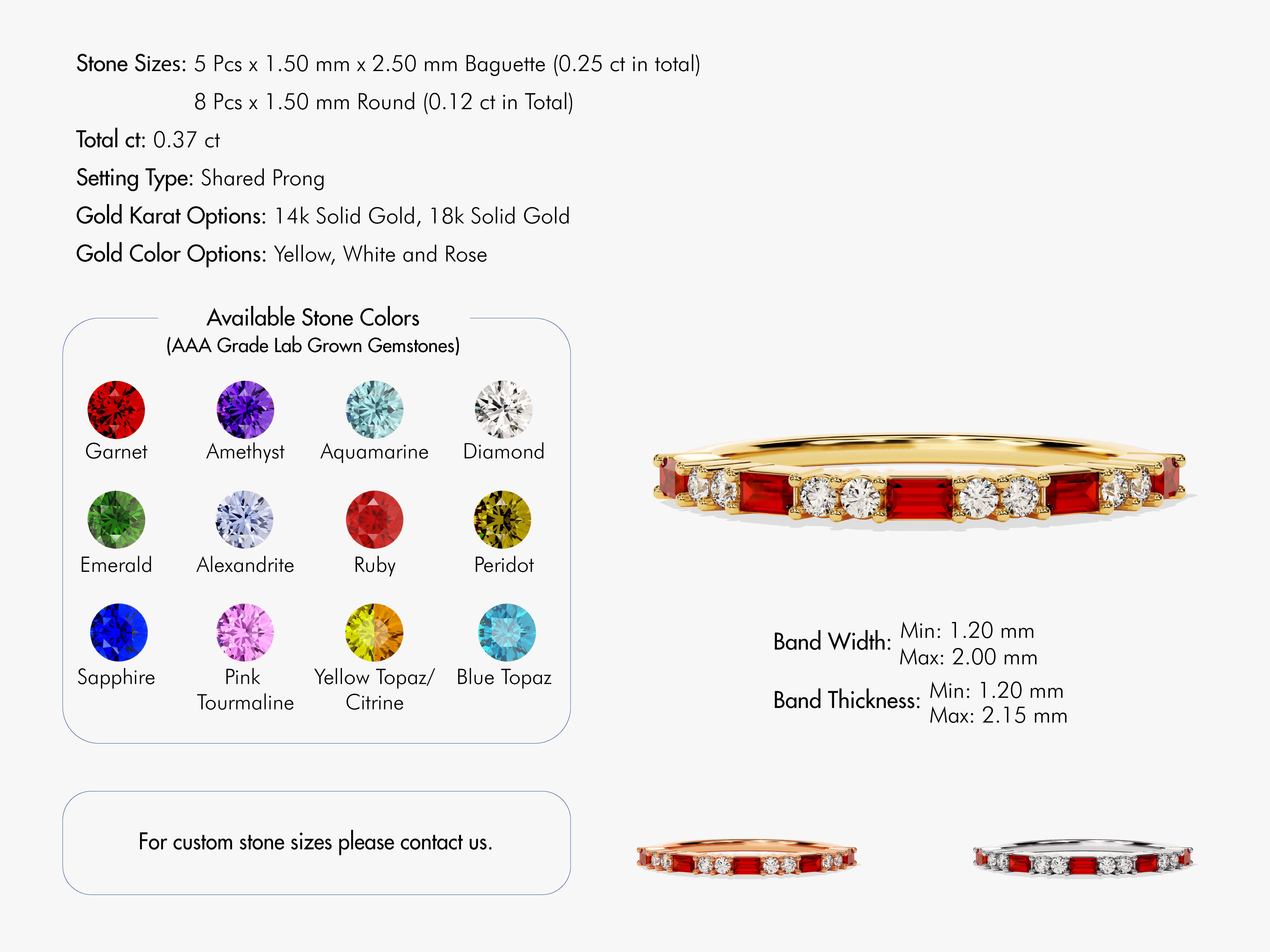Baguette and Double Round Cut Garnet Ring in 14K Solid Gold