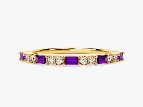 Baguette and Double Round Cut Amethyst Ring in 14K Solid Gold