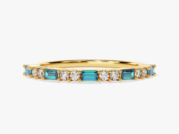 Baguette and Double Round Cut Blue Topaz Ring in 14K Solid Gold