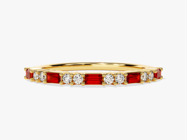 Baguette and Double Round Cut Ruby Ring in 14K Solid Gold
