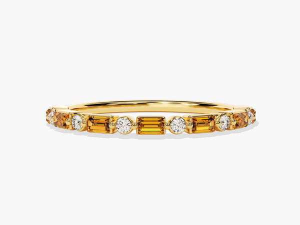 Horizontal Baguette and Round Cut Citrine Ring in 14K Solid Gold