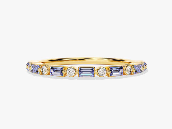 Horizontal Baguette and Round Cut Alexandrite Ring in 14K Solid Gold
