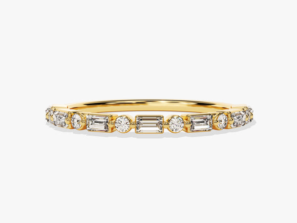 Horizontal Baguette and Round Cut Diamond Birthstone Ring in 14K Solid Gold