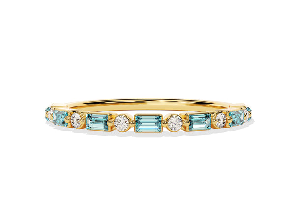 Horizontal Baguette and Round Cut Aquamarine Ring in 14K Solid Gold