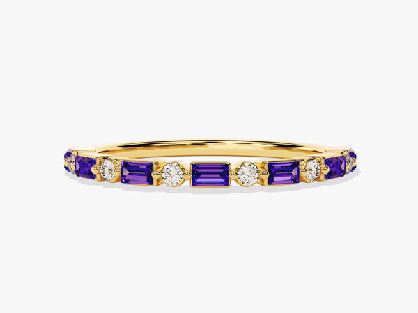 Horizontal Baguette and Round Cut Amethyst Ring in 14K Solid Gold
