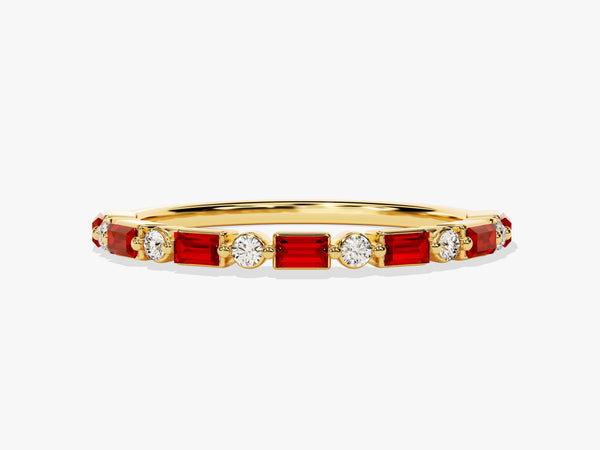 Horizontal Baguette and Round Cut Ruby Ring in 14K Solid Gold