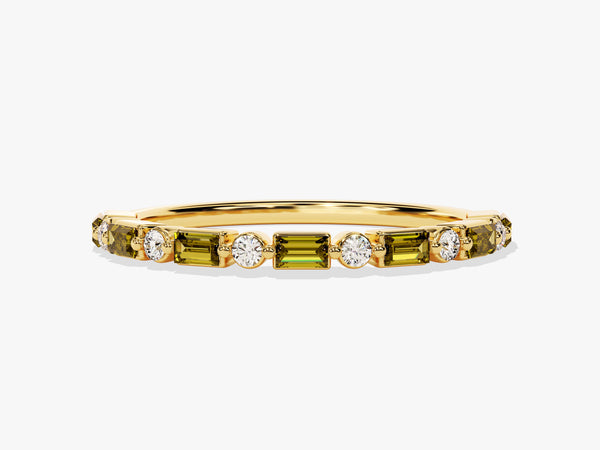 Horizontal Baguette and Round Cut Peridot Ring in 14K Solid Gold