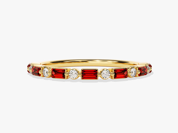 Horizontal Baguette and Round Cut Garnet Ring in 14K Solid Gold