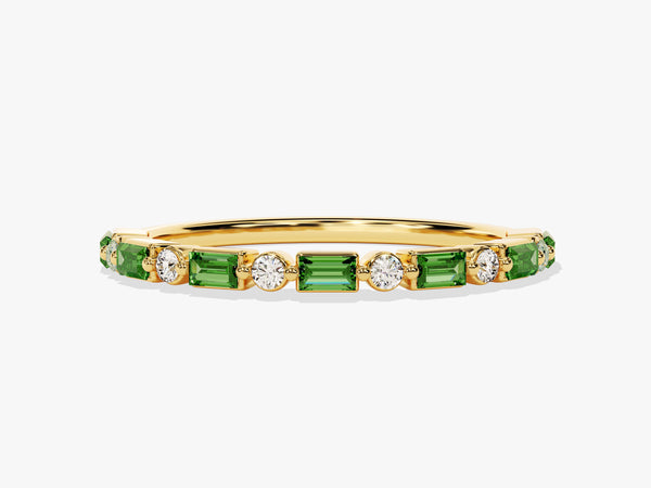Horizontal Baguette and Round Cut Emerald Ring in 14K Solid Gold