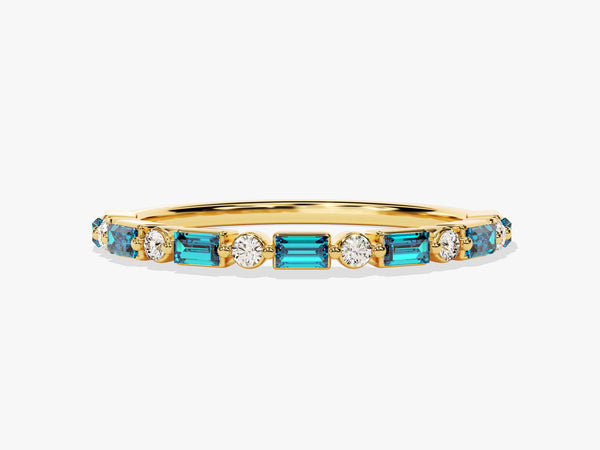 Horizontal Baguette and Round Cut Blue Topaz Ring in 14K Solid Gold