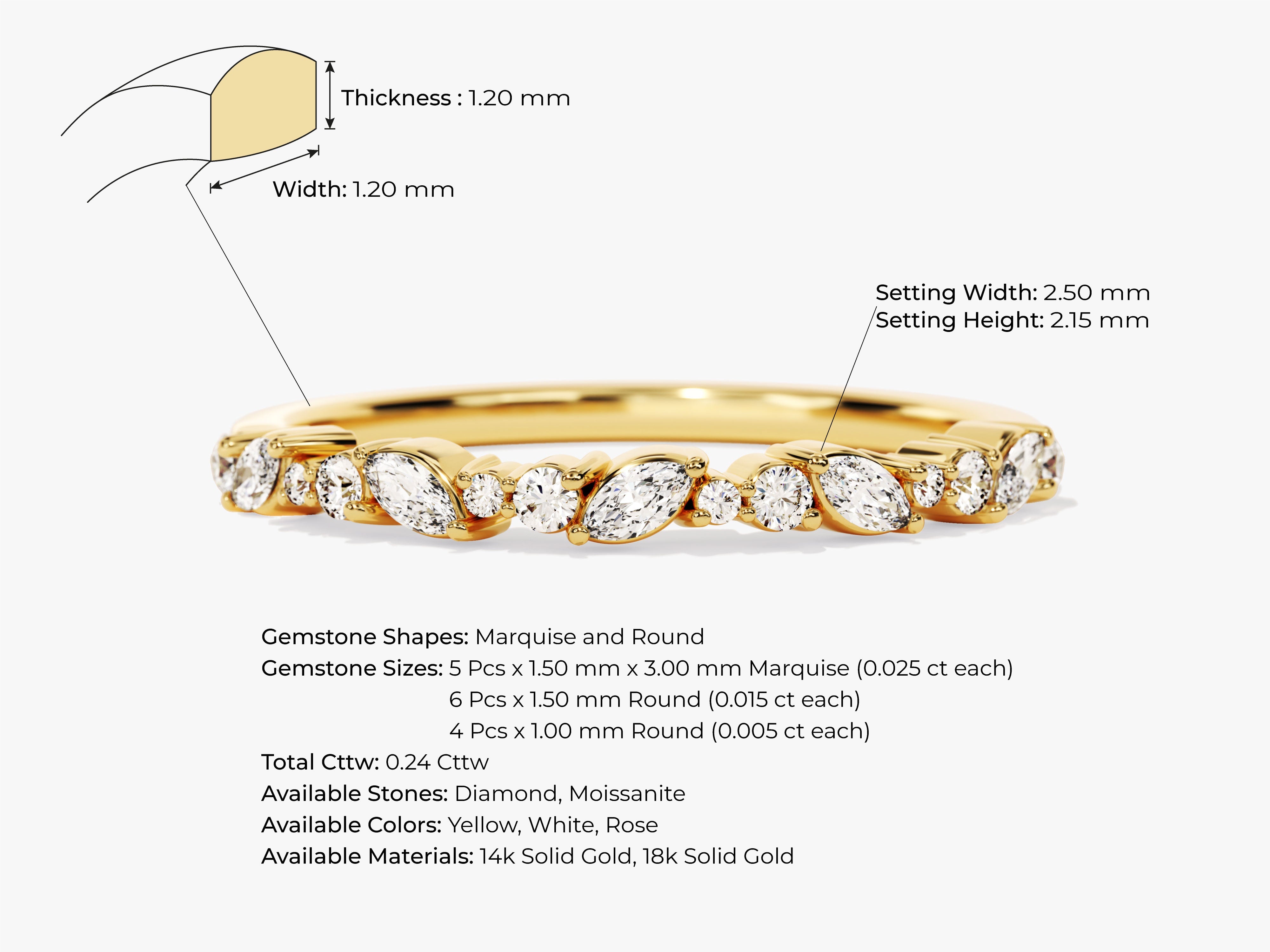 Gold marquise and round diamond band ring