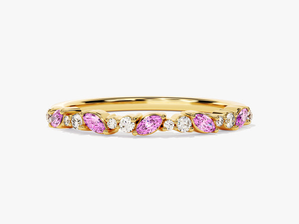 Marquise and Double Round Cut Pink Tourmaline Ring in 14K Solid Gold