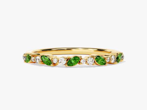 Marquise and Double Round Cut Emerald Ring in 14K Solid Gold