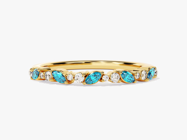 Marquise and Double Round Cut Blue Topaz Ring in 14K Solid Gold