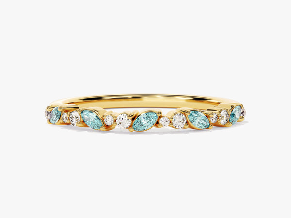Marquise and Double Round Cut Aquamarine Ring in 14K Solid Gold