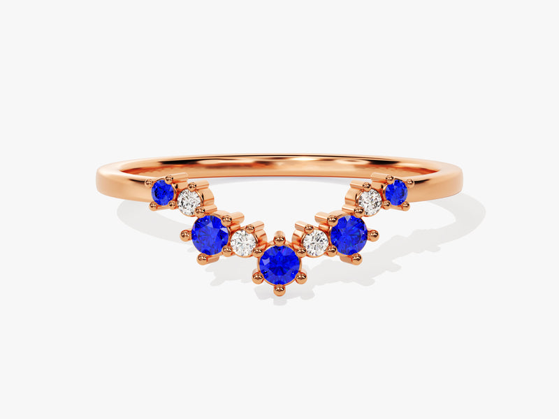 Curved Round Cut Sapphire Ring in 14K Solid Gold