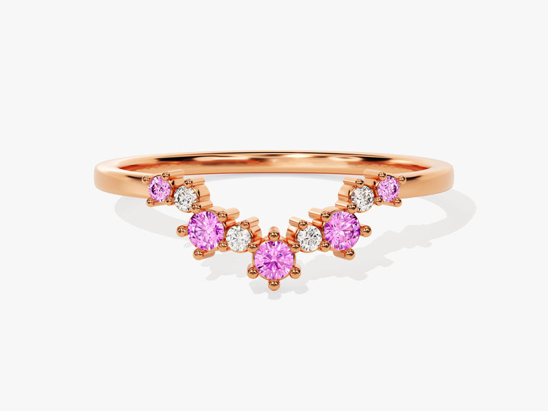 Curved Round Cut Pink Tourmaline Ring in 14K Solid Gold