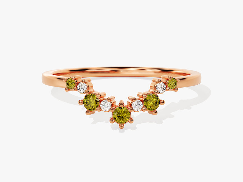 Curved Round Cut Peridot Ring in 14K Solid Gold