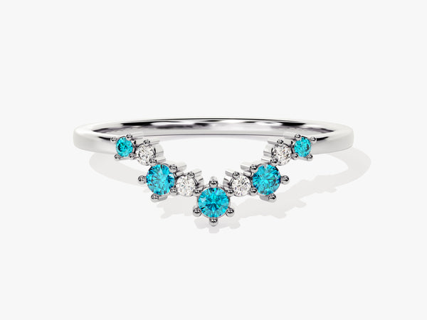 Curved Round Cut Blue Topaz Ring in 14K Solid Gold