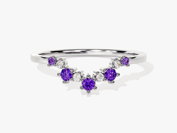 Curved Round Cut Amethyst Ring in 14K Solid Gold