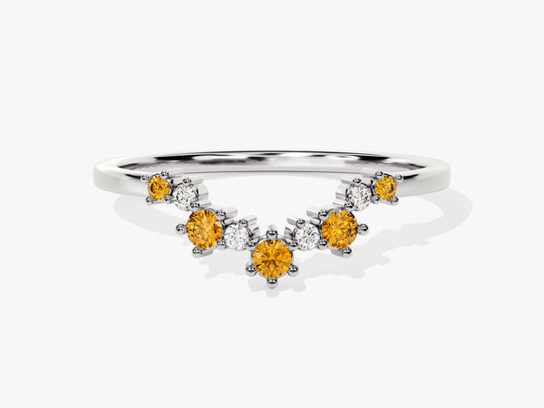 Curved Round Cut Citrine Ring in 14K Solid Gold