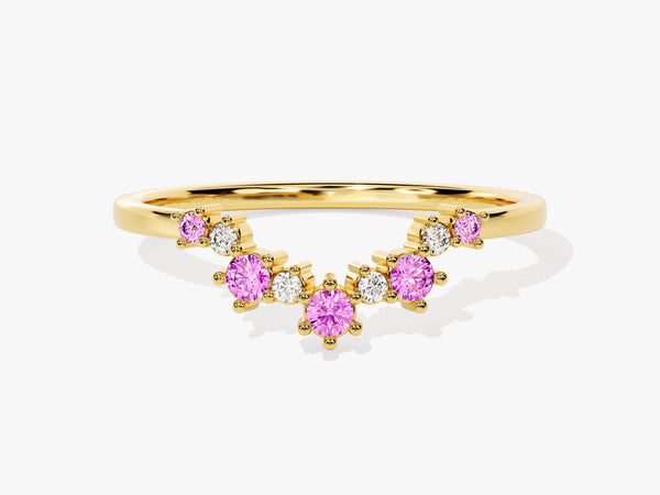 Curved Round Cut Pink Tourmaline Ring in 14K Solid Gold