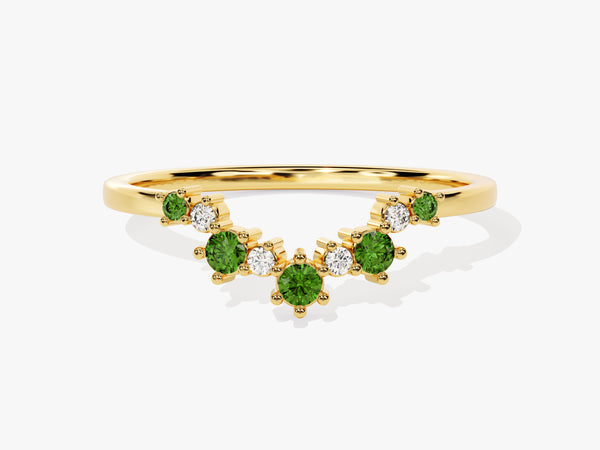 Curved Round Cut Emerald Ring in 14K Solid Gold