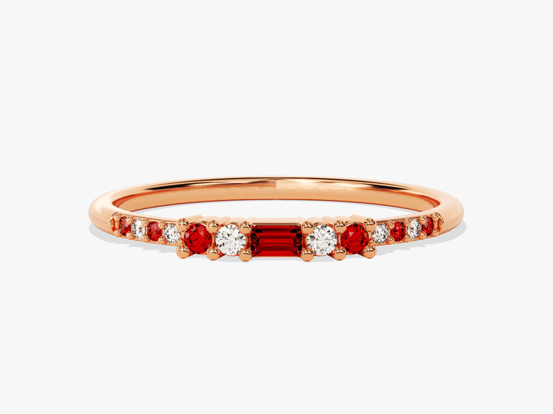 Baguette Garnet Ring with Round Sidestones in 14K Solid Gold