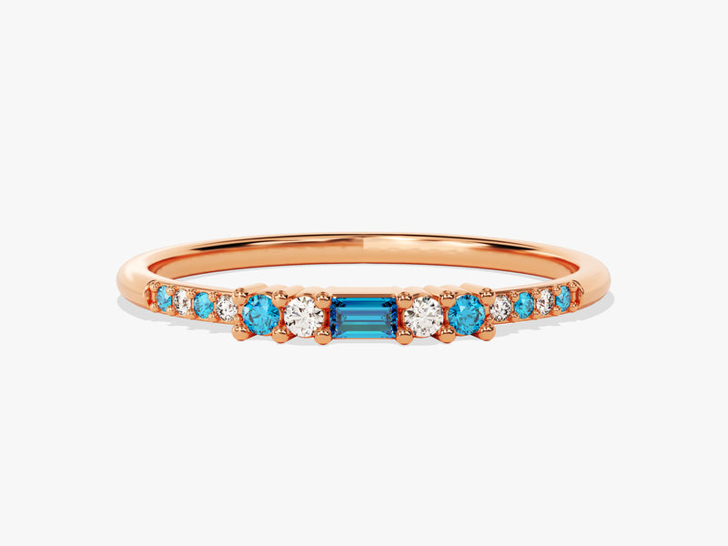 Baguette Blue Topaz Ring with Round Sidestones in 14K Solid Gold