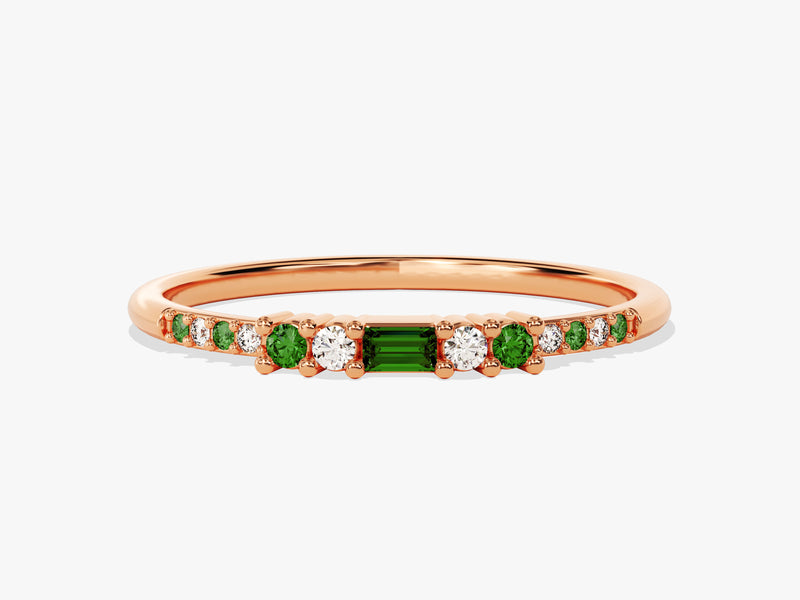 Baguette Emerald Ring with Round Sidestones in 14K Solid Gold