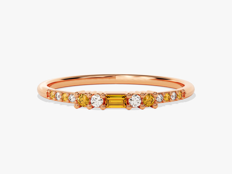 Baguette Citrine Ring with Round Sidestones in 14K Solid Gold