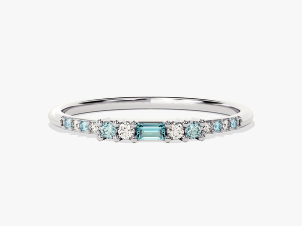Baguette Aquamarine Ring with Round Sidestones in 14K Solid Gold