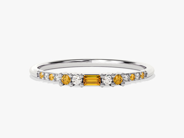 Baguette Citrine Ring with Round Sidestones in 14K Solid Gold