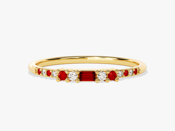 Baguette Ruby Ring with Round Sidestones in 14K Solid Gold