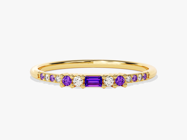 Baguette Amethyst Ring with Round Sidestones in 14K Solid Gold